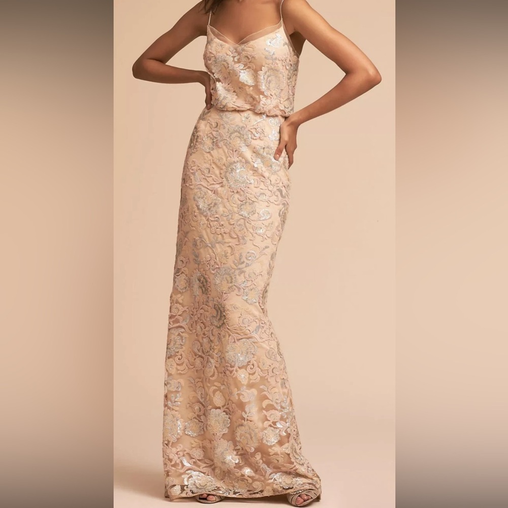Adrianna Papell Blush and Metallic Lace Gown
